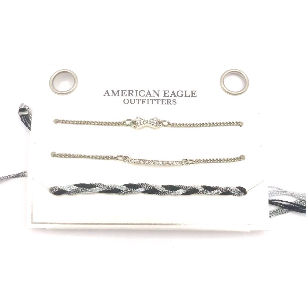 American Eagle Outfitter Silver Chain Rhinestone Charm Blue Braided Bracelet Set